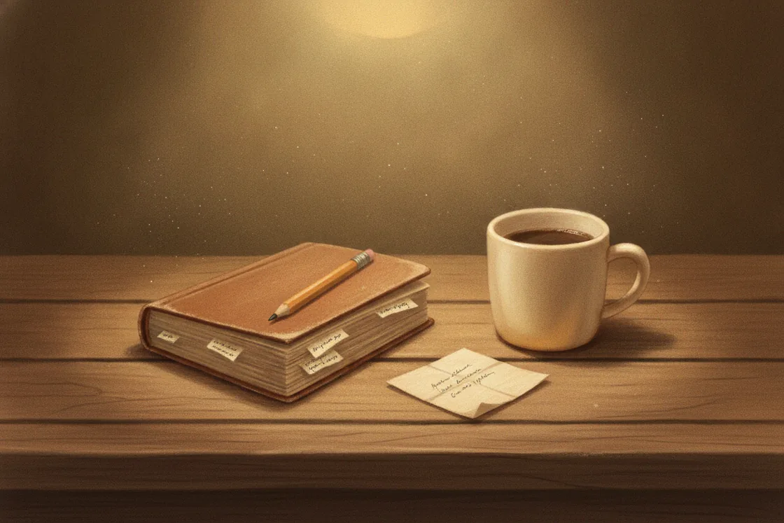 A worn book, a pencil, and a coffee mug on a table